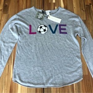 Rachel Zoe Gray Cashmere blend Crewneck Sweater with LOVE Soccer Graphic